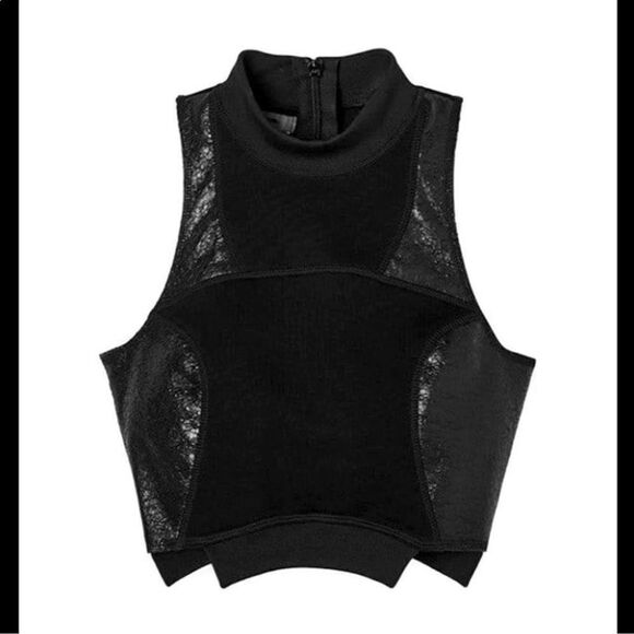 NWT Manier De Voir Black Jersey Cracked Vegan Leather Mock Neck Crop Top Size S - Picture 4 of 8
